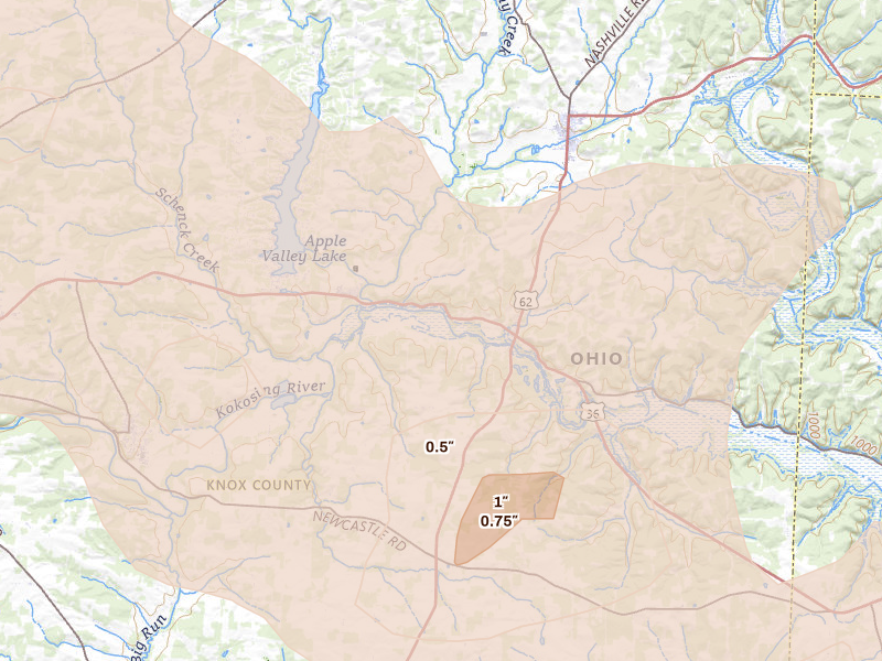 Radar-estimated hail-size map of the storm over Howard, OH on Mar 26, 2026