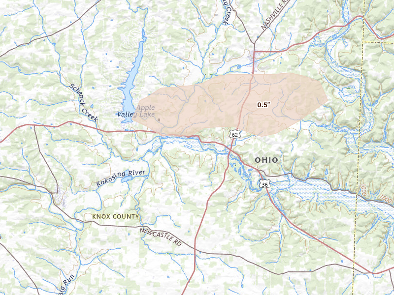 Radar-estimated hail-size map of the storm over Howard, OH on Jun 6, 2026