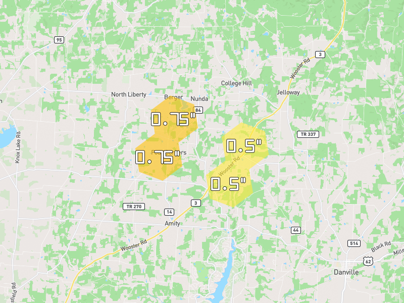 Hail map of Howard, OH on Jul 4, 2026, hail up to 0.75"