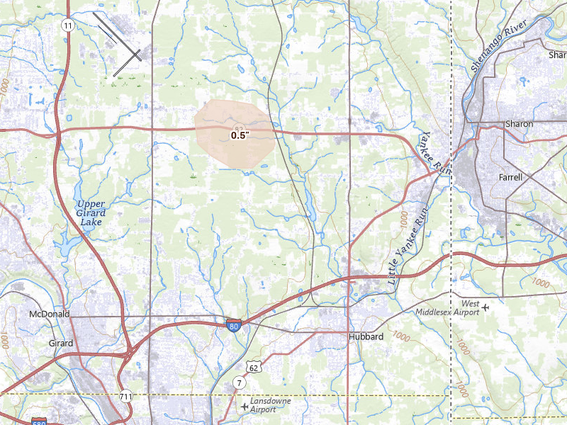 Radar-estimated hail-size map of the storm over Hubbard, OH on Jul 10, 2026