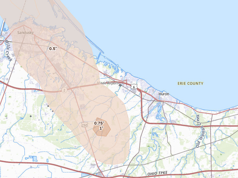 Radar-estimated hail-size map of the storm over Huron, OH on Jun 6, 2026