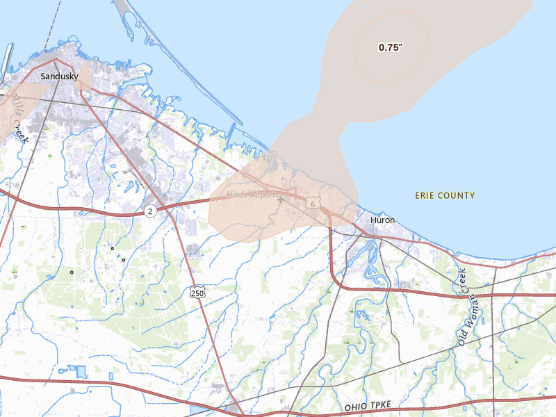 Radar-estimated hail-size map of the storm over Huron, OH on Aug 22, 2026