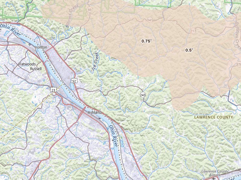Radar-estimated hail-size map of the storm over Ironton, OH on Jul 21, 2026