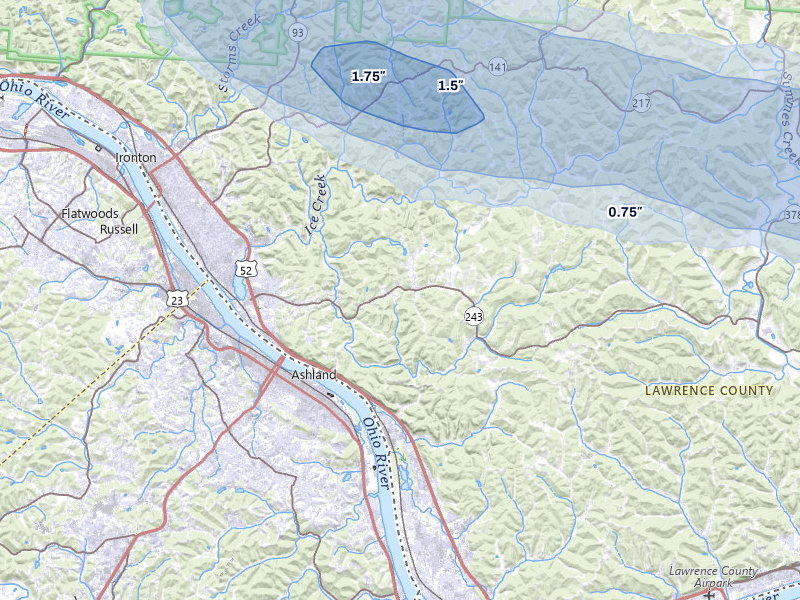 NEXRAD radar-signature map of the hail over Ironton, OH