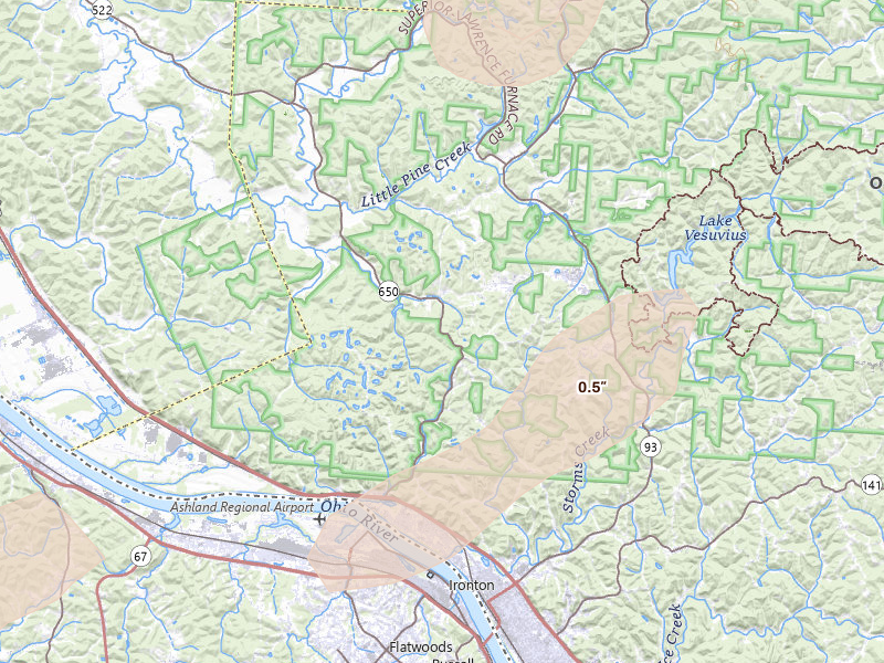 Radar-estimated hail-size map of the storm over Ironton, OH on Aug 7, 2026