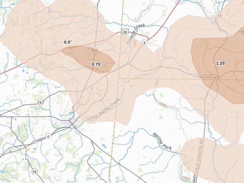 Radar-estimated hail-size map of the storm over Irwin, OH on Jun 6, 2026