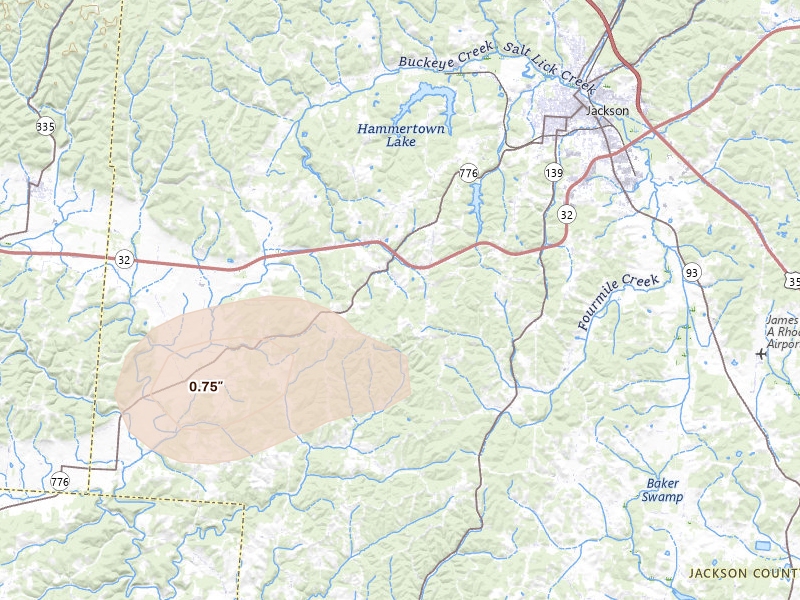 Radar-estimated hail-size map of the storm over Jackson, OH on Aug 7, 2026