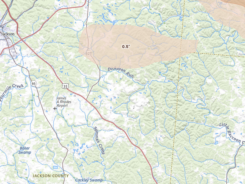 Radar-estimated hail-size map of the storm over Jackson, OH on Aug 10, 2026