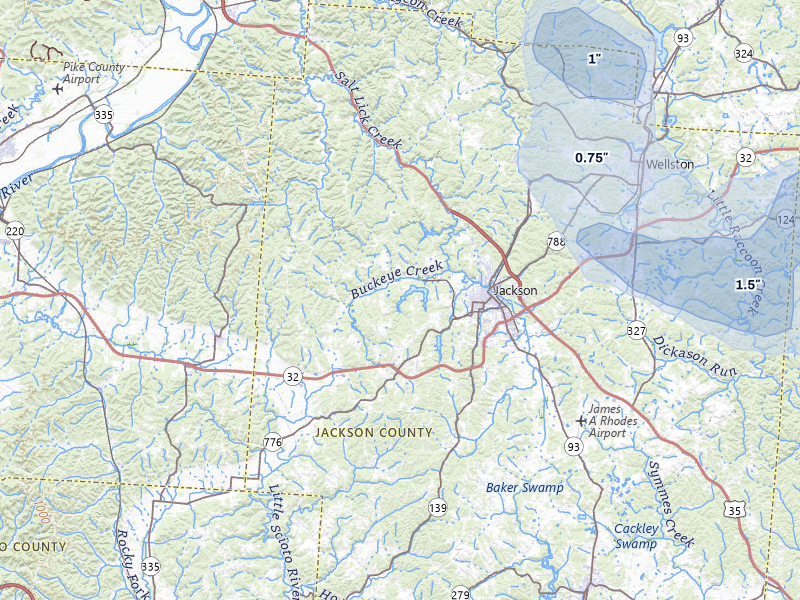 NEXRAD radar-signature map of the hail storm over Jackson, OH on Aug 10, 2026