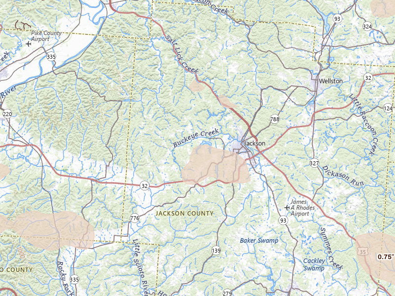 Radar-estimated hail-size map of the storm over Jackson, OH on Aug 11, 2026