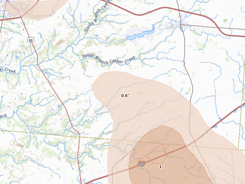 Radar-estimated hail-size map of the storm over Jamestown, OH on Sep 4, 2026
