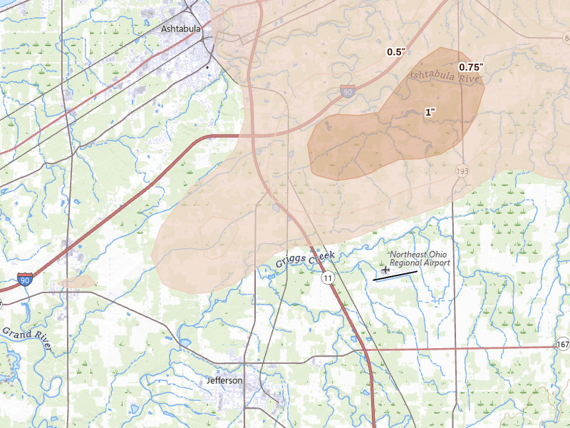 Radar-estimated hail-size map of the storm over Jefferson, OH on Jun 10, 2026