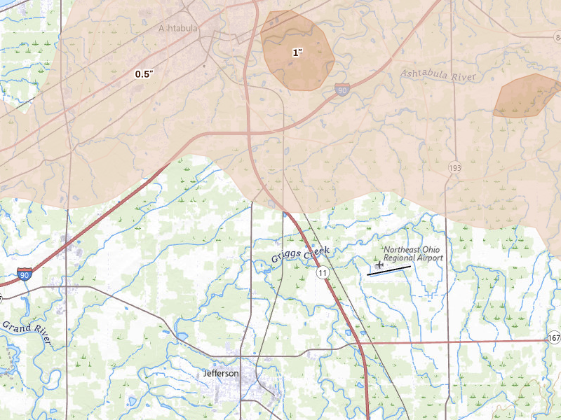 Radar-estimated hail-size map of the storm over Jefferson, OH on Jun 14, 2026