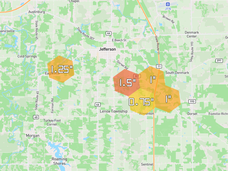 Hail map of Jefferson, OH on Jul 4, 2026, hail up to 1.5"