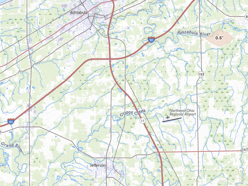 Radar-estimated hail-size map of the storm over Jefferson, OH on Jul 21, 2026