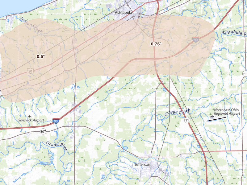 Radar-estimated hail-size map of the storm over Jefferson, OH on Aug 10, 2026