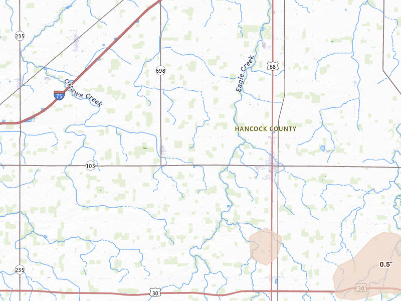 Radar-estimated hail-size map of the storm over Jenera, OH on Jul 18, 2026