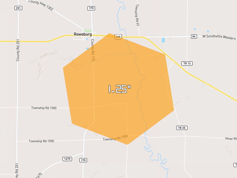 Hail map of Jeromesville, OH on Jun 7, 2026, hail up to 1.25"