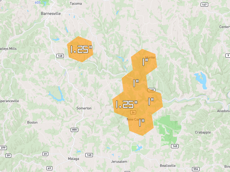 Hail map of Jerusalem, OH on Jun 6, 2026, hail up to 1.25"