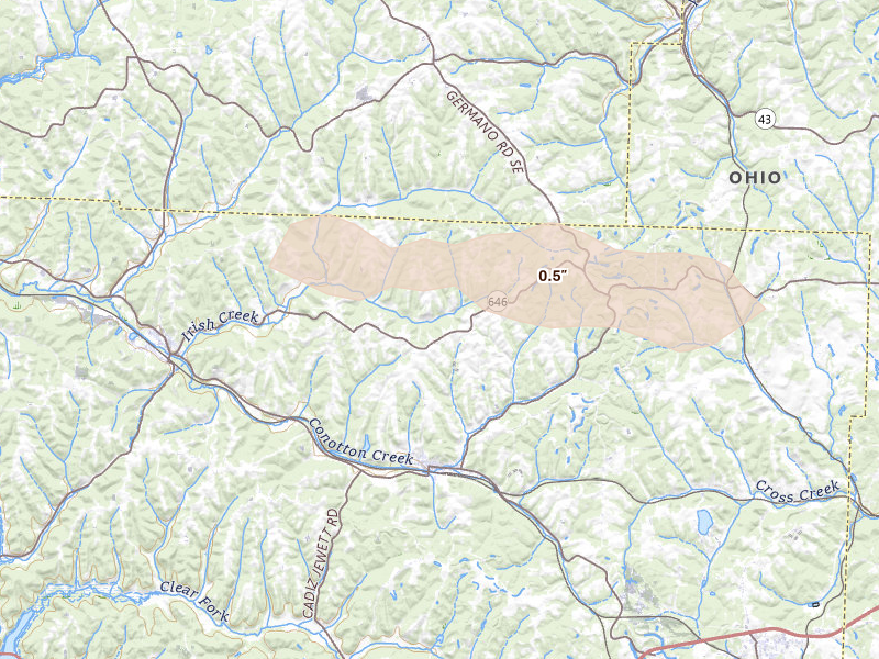 Radar-estimated hail-size map of the storm over Jewett, OH on Mar 22, 2026
