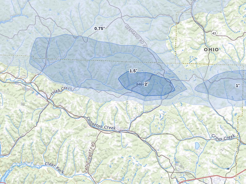 NEXRAD radar-signature map of the hail storm over Jewett, OH on Mar 22, 2026