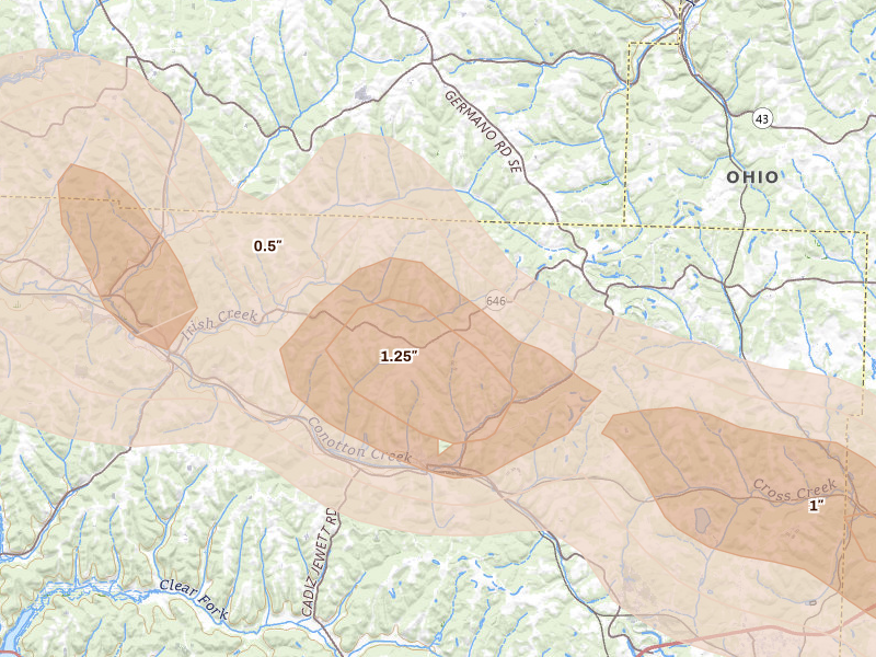 Radar-estimated hail-size map of the storm over Jewett, OH on Mar 26, 2026