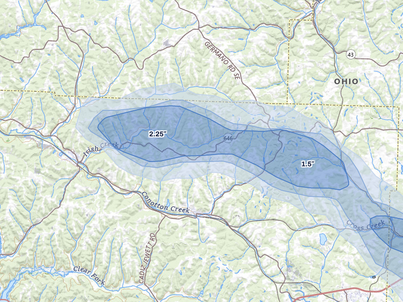 NEXRAD radar-signature map of the hail over Jewett, OH