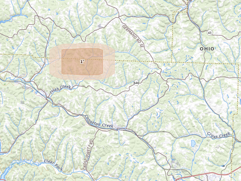 Radar-estimated hail-size map of the storm over Jewett, OH on May 13, 2026