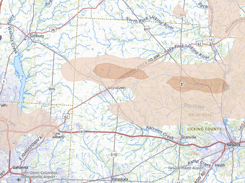 Radar-estimated hail-size map of the storm over Johnstown, OH on Mar 22, 2026