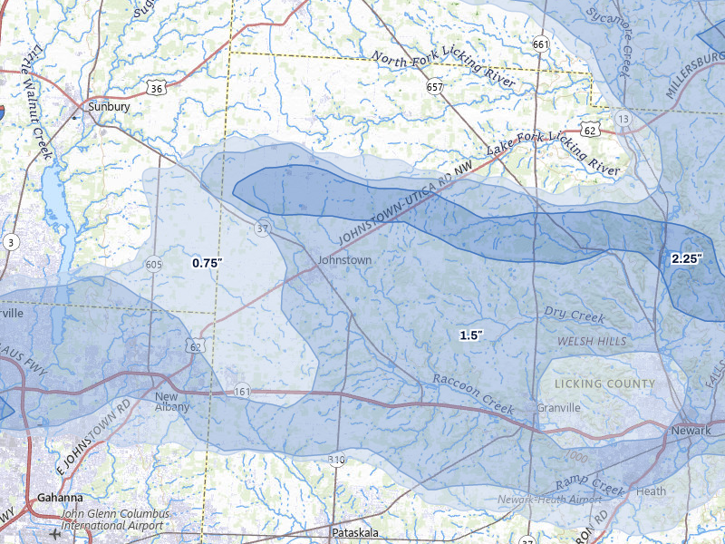 NEXRAD radar-signature map of the hail storm over Johnstown, OH on Mar 22, 2026