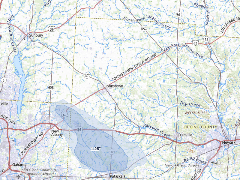 NEXRAD radar-signature map of the hail storm over Johnstown, OH on Apr 22, 2026
