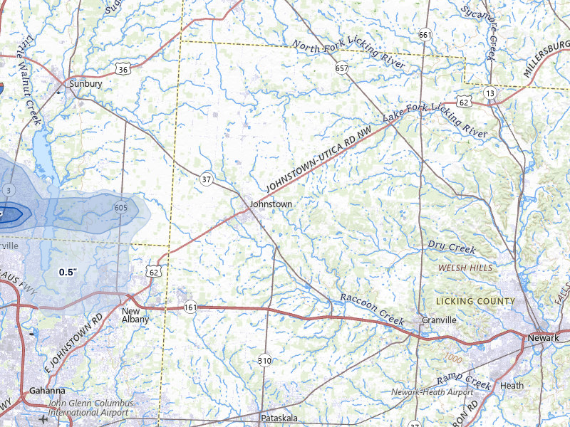 NEXRAD radar-signature map of the hail storm over Johnstown, OH on Jun 6, 2026