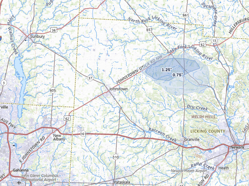 NEXRAD radar-signature map of the hail storm over Johnstown, OH on Jul 3, 2026