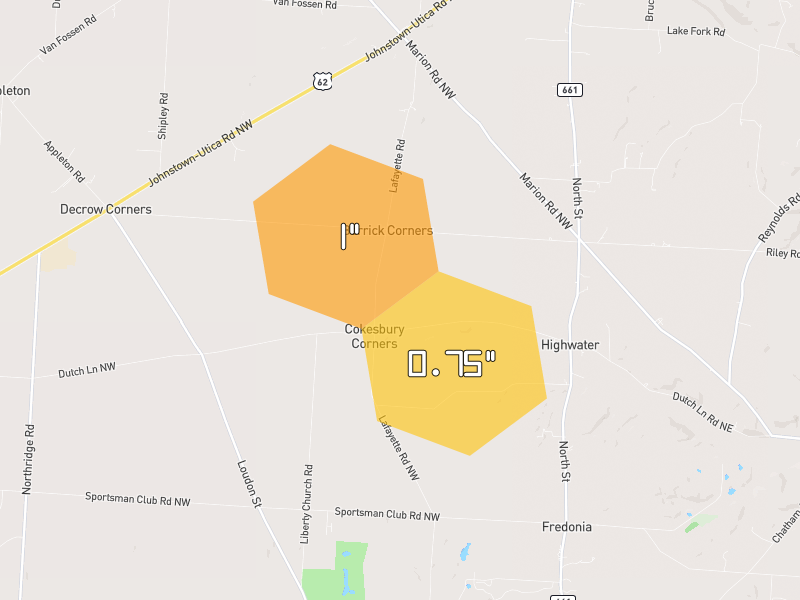 Hail map of Johnstown, OH on Jul 4, 2026, hail up to 1"