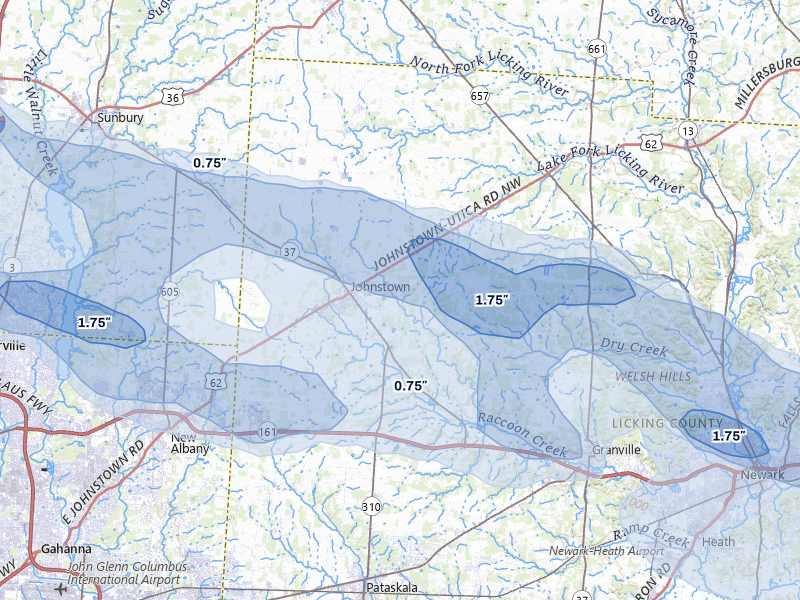 NEXRAD radar-signature map of the hail over Johnstown, OH