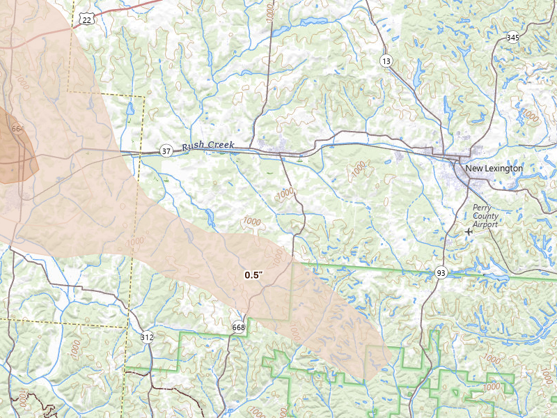 Radar-estimated hail-size map of the storm over Junction City, OH on Jun 6, 2026