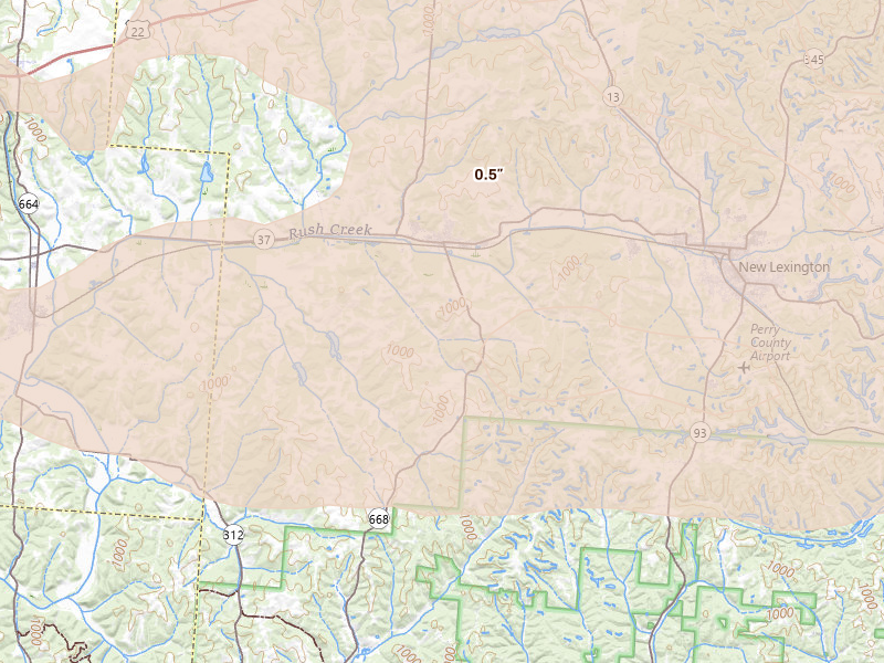Radar-estimated hail-size map of the storm over Junction City, OH on Aug 10, 2026