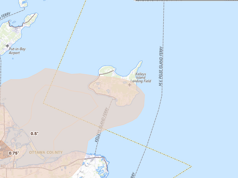 Radar-estimated hail-size map of the storm over Kelleys Island, OH on Aug 10, 2026