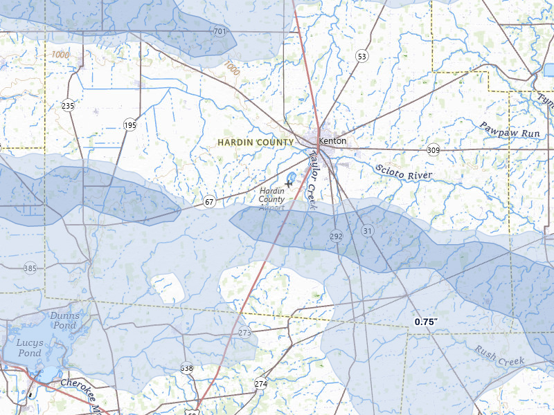 NEXRAD radar-signature map of the hail storm over Kenton, OH on Mar 22, 2026