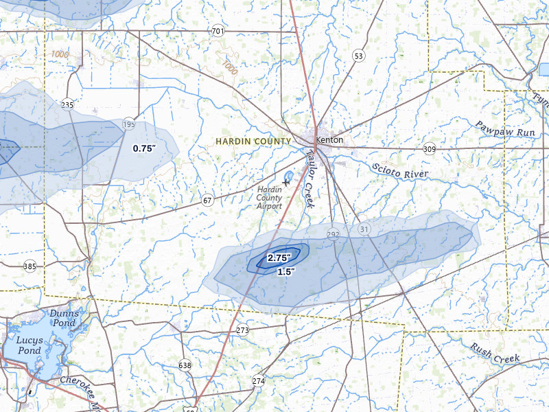NEXRAD radar-signature map of the hail over Kenton, OH