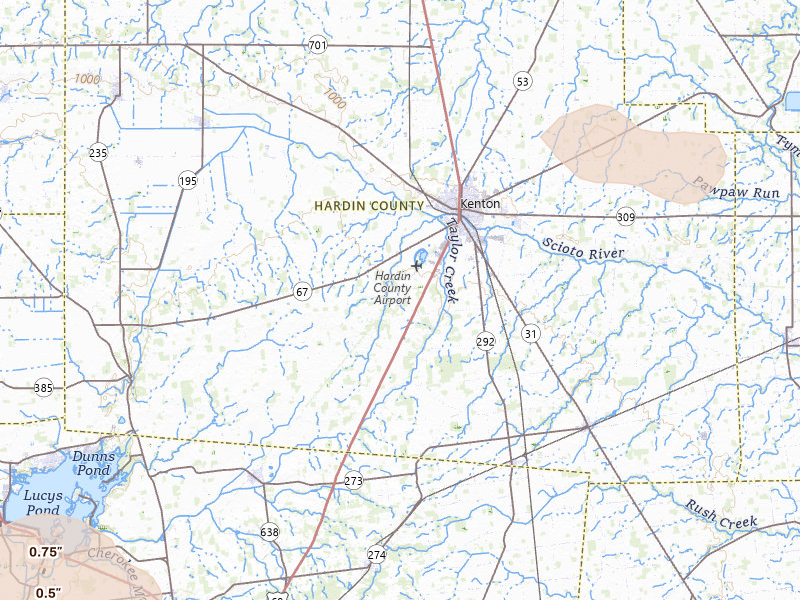 Radar-estimated hail-size map of the storm over Kenton, OH on Apr 22, 2026
