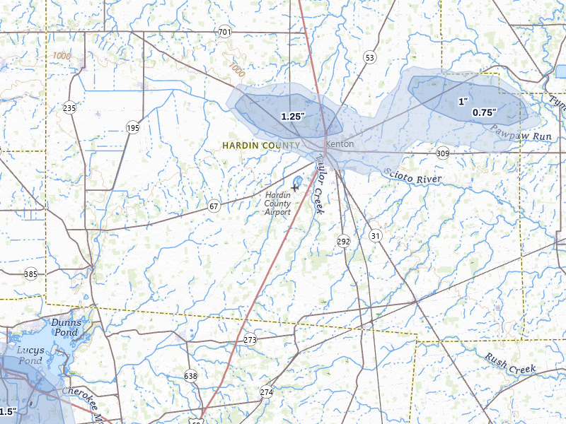 NEXRAD radar-signature map of the hail storm over Kenton, OH on Apr 22, 2026