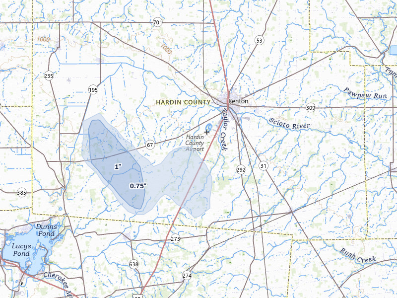 NEXRAD radar-signature map of the hail storm over Kenton, OH on Jun 5, 2026