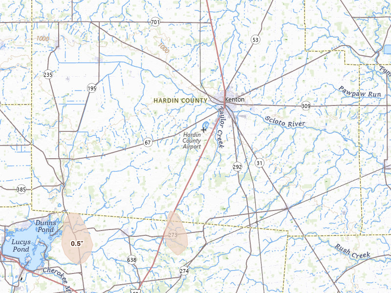 Radar-estimated hail-size map of the storm over Kenton, OH on Jun 6, 2026
