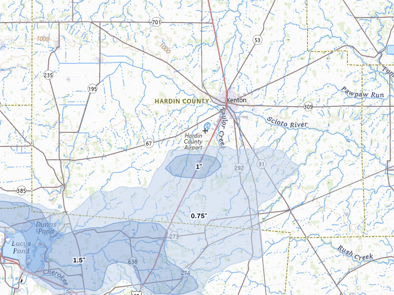 NEXRAD radar-signature map of the hail storm over Kenton, OH on Jun 6, 2026