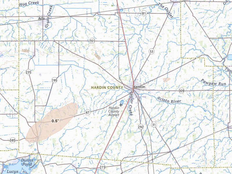 Radar-estimated hail-size map of the storm over Kenton, OH on Aug 7, 2026