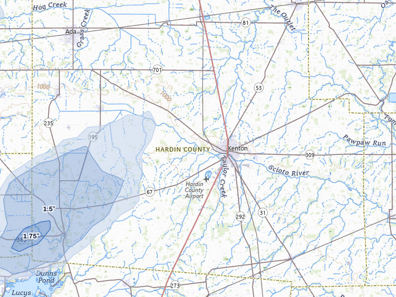 NEXRAD radar-signature map of the hail storm over Kenton, OH on Aug 7, 2026