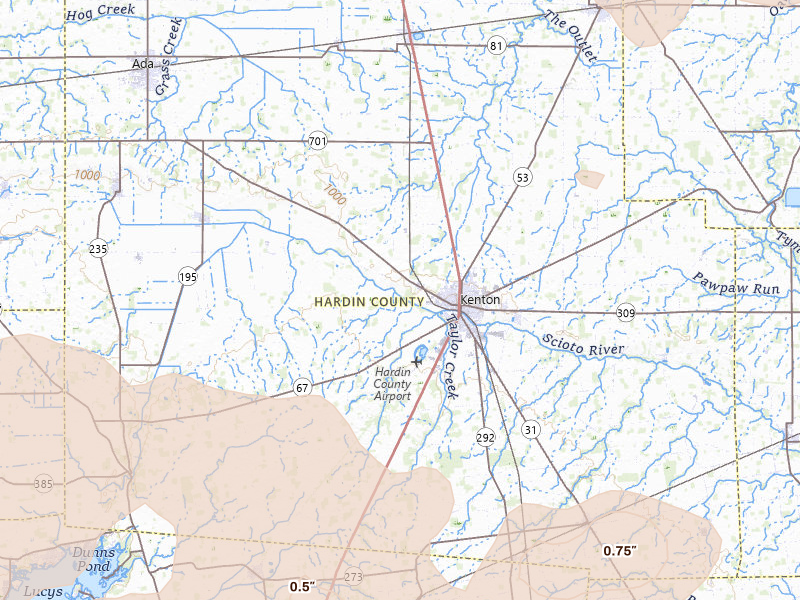 Radar-estimated hail-size map of the storm over Kenton, OH on Aug 10, 2026