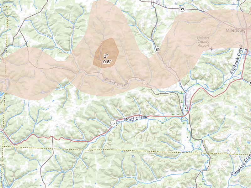 Radar-estimated hail-size map of the storm over Killbuck, OH on Mar 22, 2026