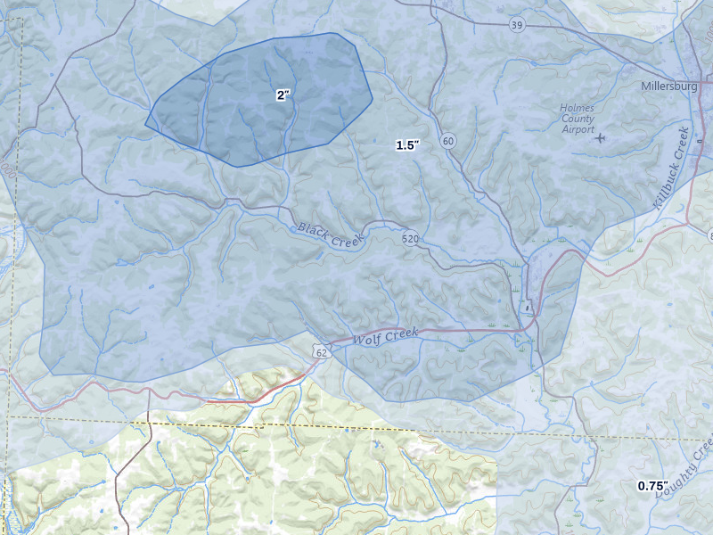 NEXRAD radar-signature map of the hail storm over Killbuck, OH on Mar 22, 2026